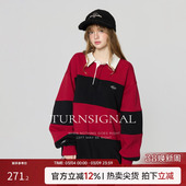 TurnSignal时尚 翻领条纹拼接卫衣女加绒加厚冬休闲宽松套头polo领