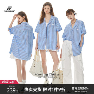女夏季 Turn 條紋襯衫 2025新款 Signal潮牌藍(lán)色短袖 寬松休閑上衣夏