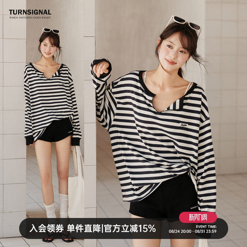 TurnSignal条纹落肩长袖T恤女