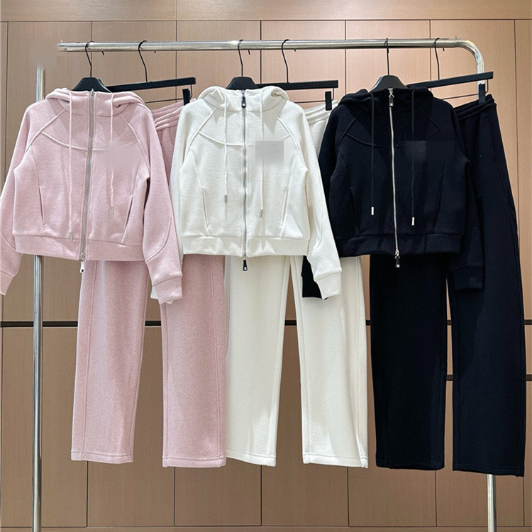 2025秋冬新款连帽拉链外套+松紧腰休闲裤加绒套装
