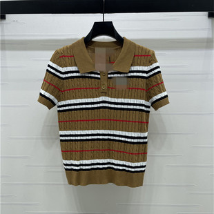 针织衫 202春夏新款 翻领撞色条纹刺绣字母舒适百搭短袖