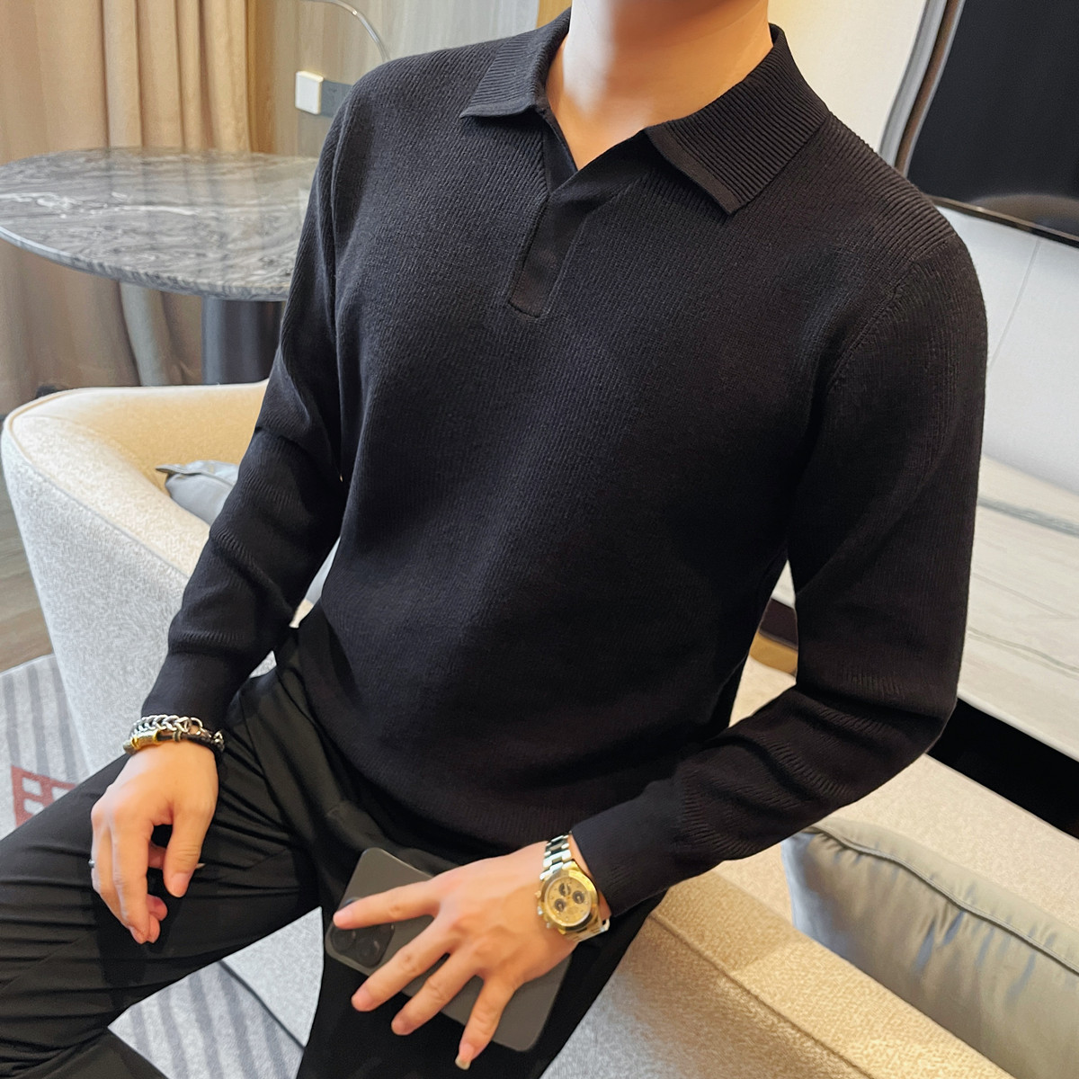 3783-P78粗针厚款毛衣男士新款翻领修身商务休闲针织衫上衣打底,男装T恤,电商B333