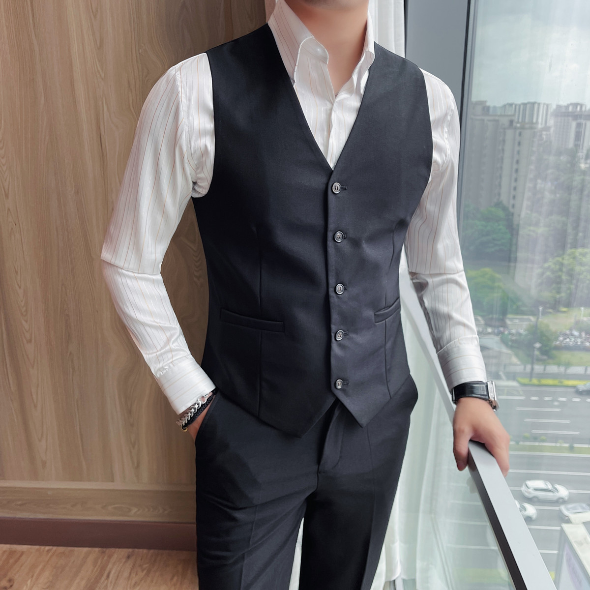 MJ3082-P58男士马甲套装秋季英伦风发型师潮牌修身条纹西服马夹,男装西服,电商B333