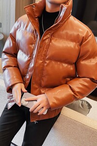 22008-P185 亮面棉衣男士冬季加厚仿皮外套 面包服图片