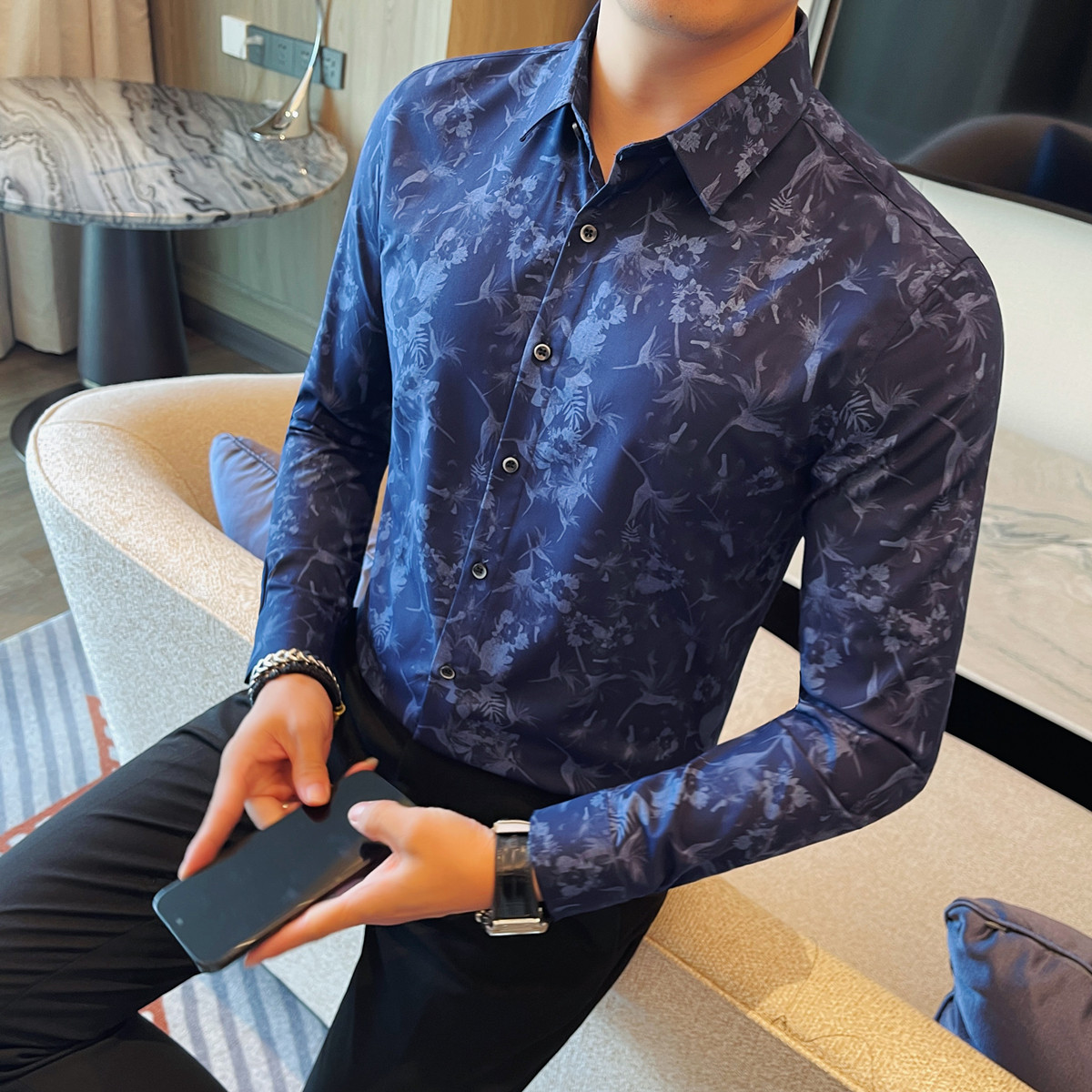 3207-P58男士长袖衬衫高级感设计图案修身衬衣休闲商务,男装衬衫,电商B333