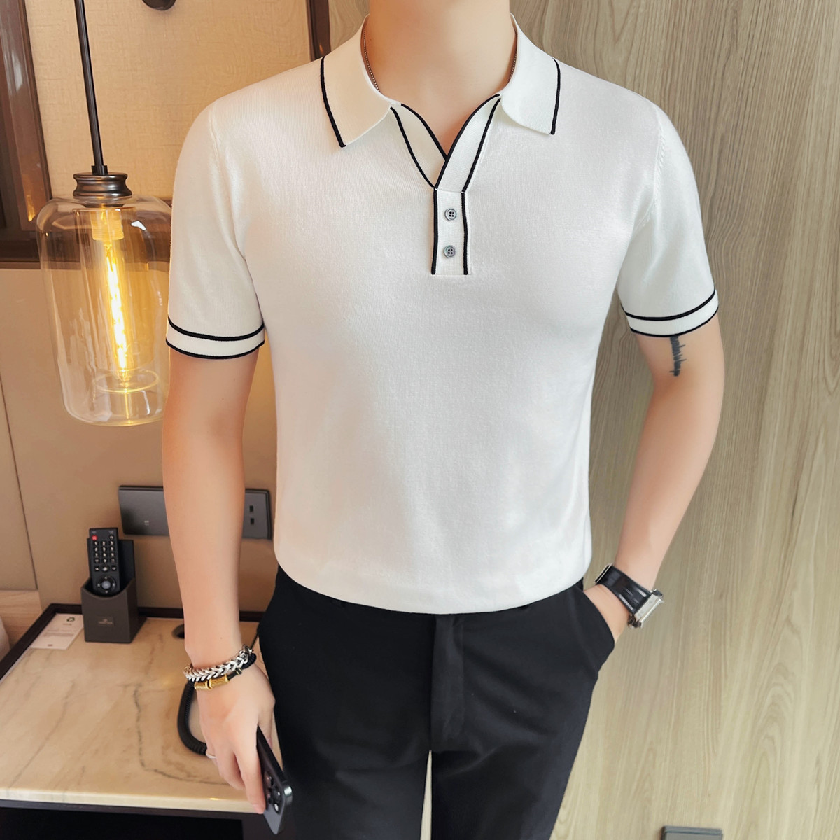 1227-P58针织冰丝男士短袖夏季新款时尚百搭休闲翻领短袖T恤,男装T恤,电商B333