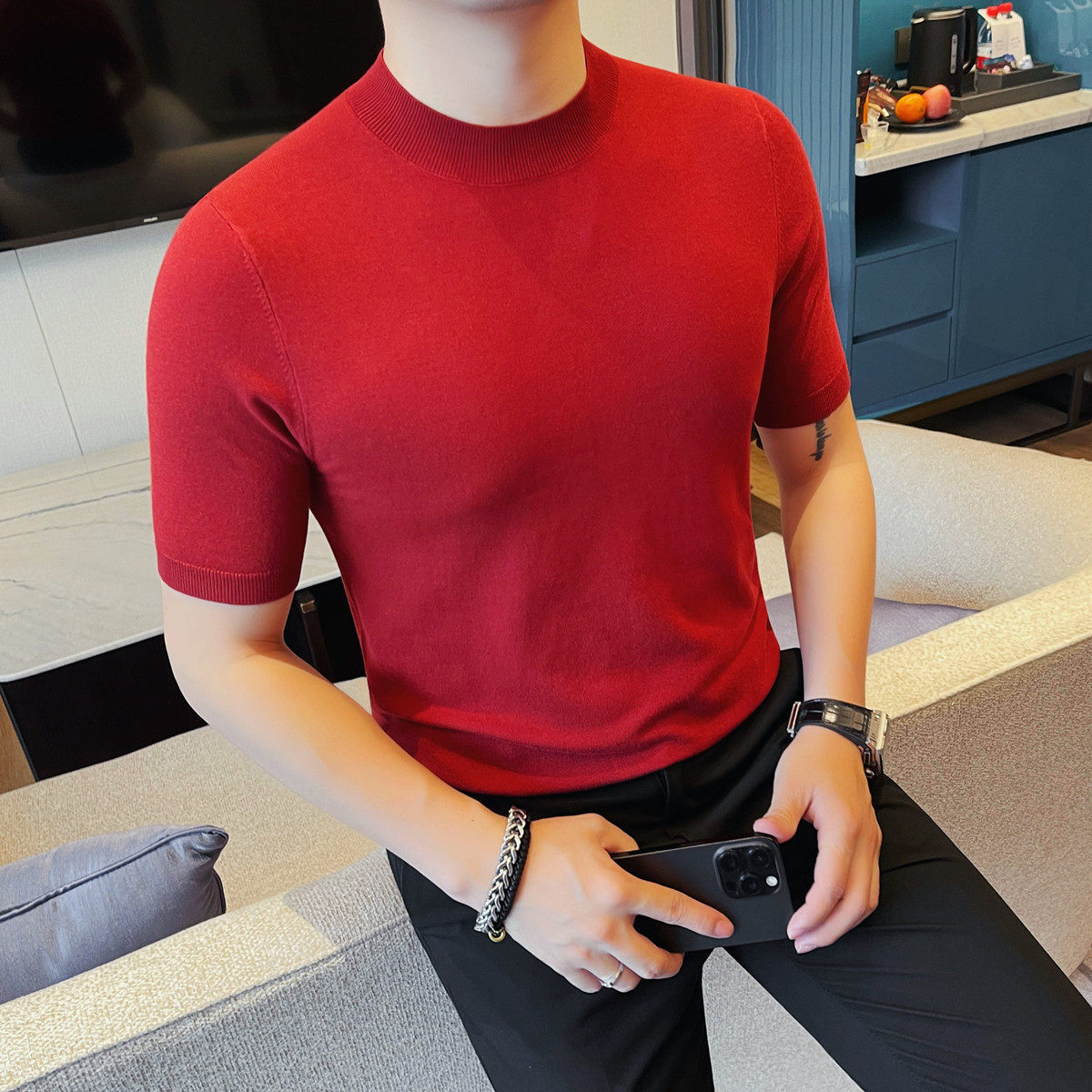 0399-P55 针织冰丝男士短袖夏季新款时尚百搭休闲圆领短袖T恤图片