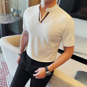 7516-P53 短袖V领T恤男士夏季新款修身百搭半袖立领体恤图片