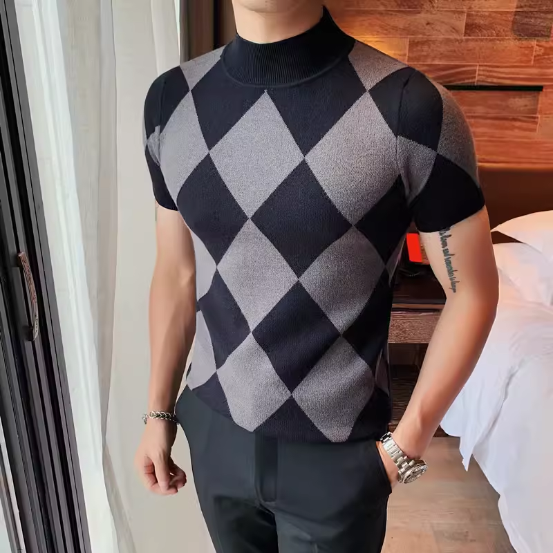 老款继续做8501-P58秋冬男士修身半高领毛衣中领短袖菱形格子,男装T恤,电商B333