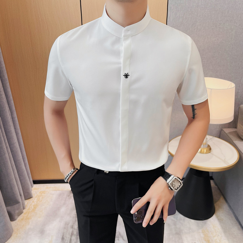 7138-P58  88 短袖刺绣衬衫男士夏季新款立领暗扣衬衣图片