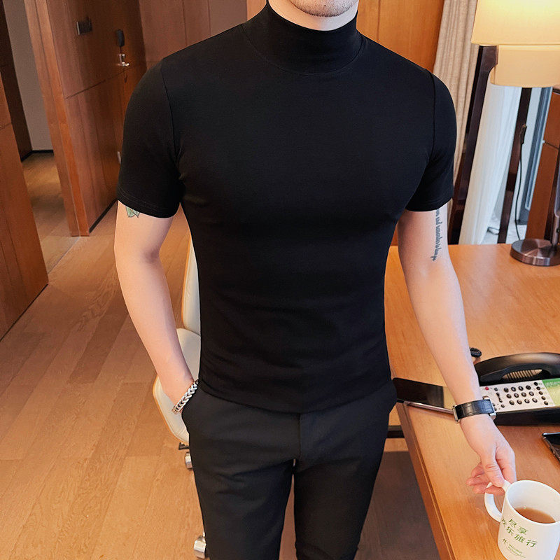 5881-特P40男士夏季短袖t恤紧身纯色体恤修身半高领打底衫,男装T恤,电商B333
