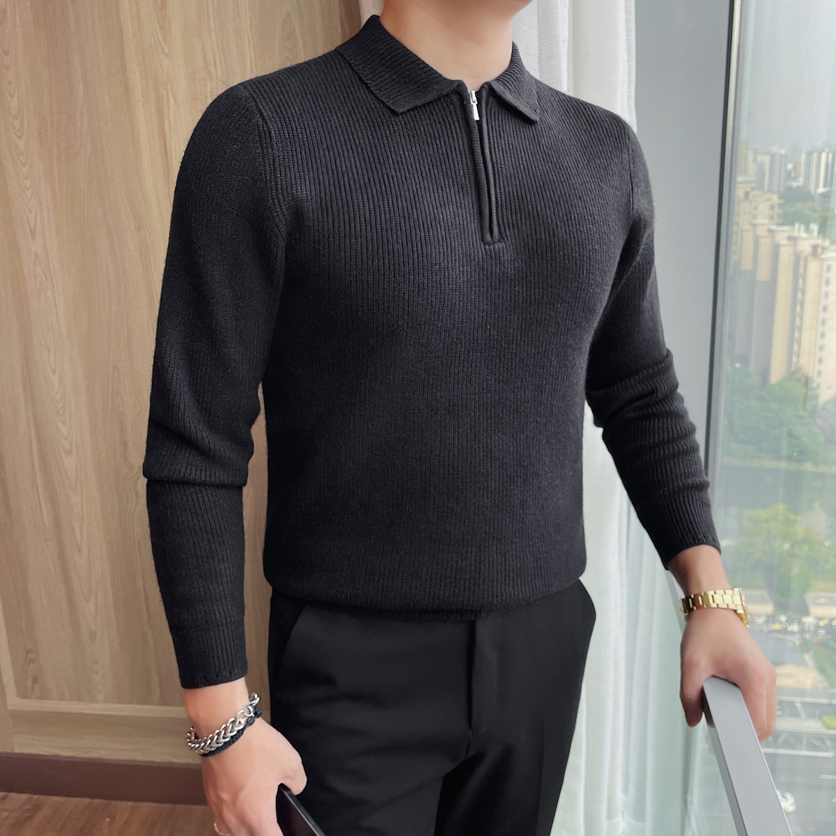 3782-P85男士厚毛衣新款翻领修身商务休闲上衣针织衫拉链纯色线衫,男装针织衫/毛衣,电商B333