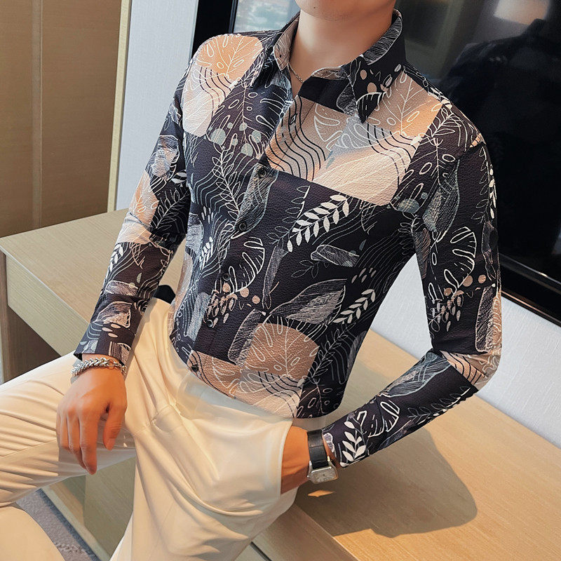 7999-P65长袖衬衫潮流印花修身男士秋季衬衣,男装衬衫,电商B333