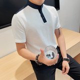 7873-P58牛仔拼接短袖POLO衫男士夏季新款立领半袖体恤，男装Polo衫，电商B333