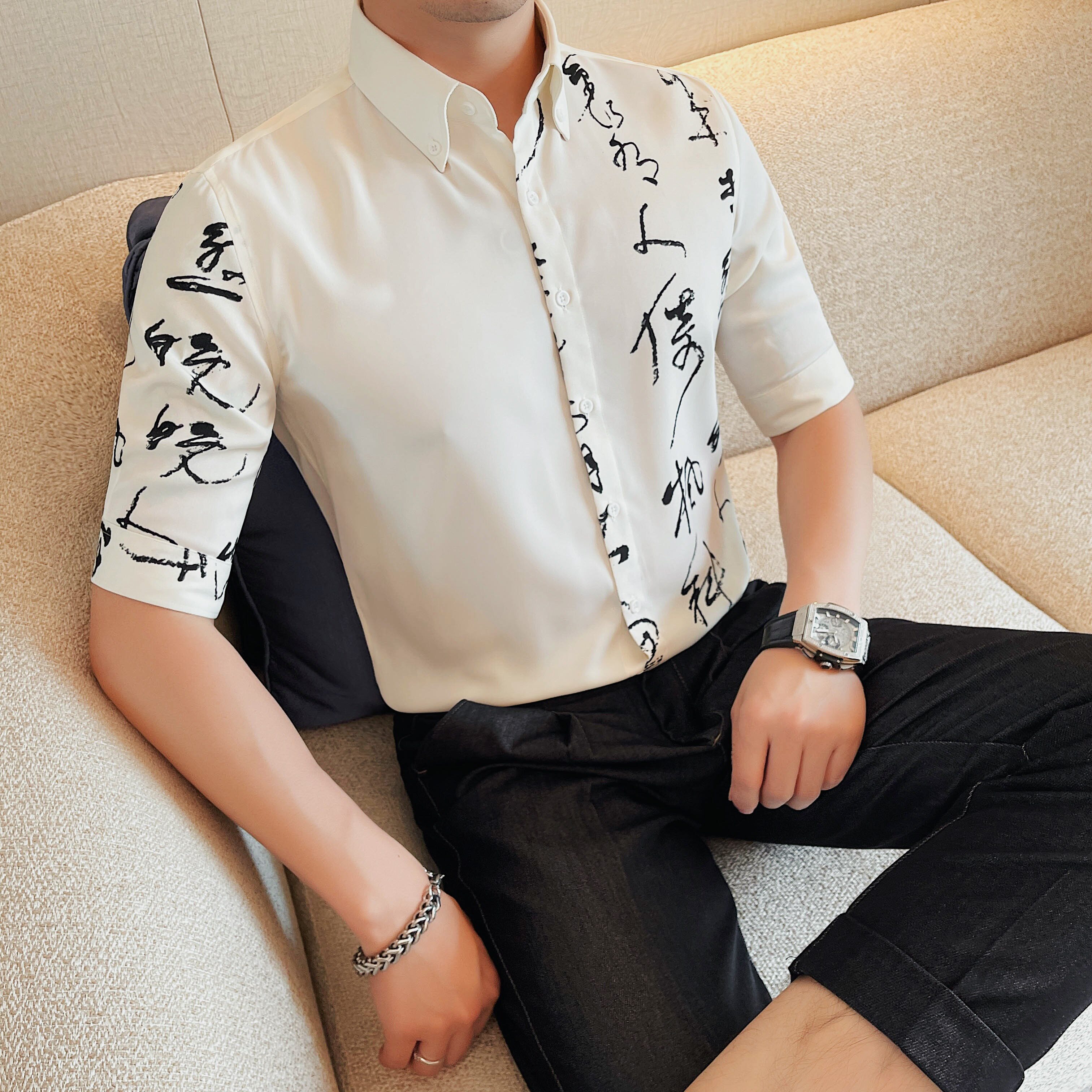 C7131-P6898中袖衬衫男士夏季新款风印花黑白衬衣五分袖,男装T恤,电商B333