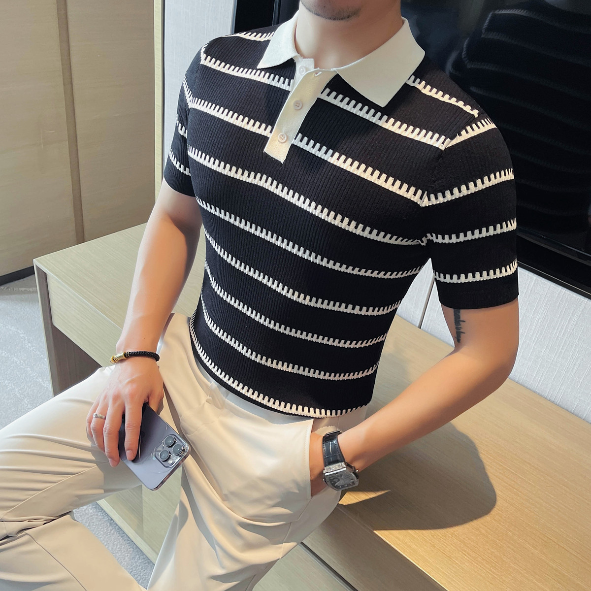 3762-P68条纹短袖针织冰丝POLO衫男士夏季新款翻领弹力体恤,男装Polo衫,电商B333