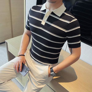3762-P68 条纹短袖针织冰丝POLO衫男士夏季新款翻领弹力体恤图片