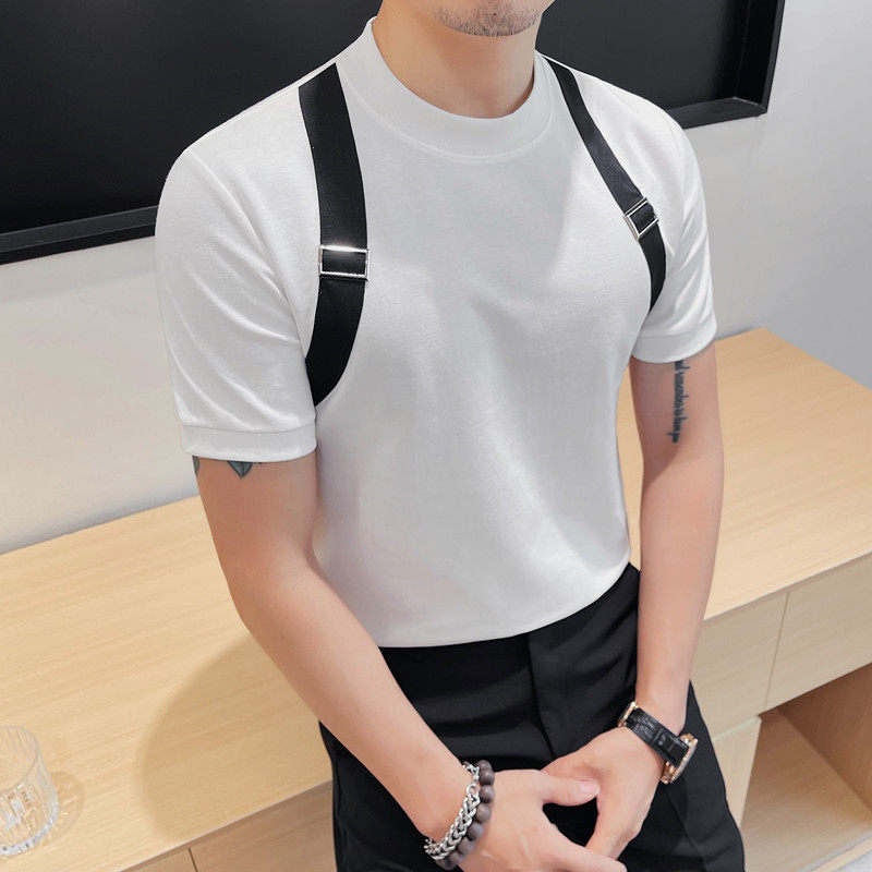 7876-P58圆领短袖体恤男士夏季新款修身肩带个性拼接白色T恤,男装T恤,电商B333