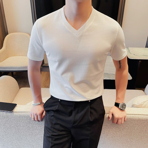 T7862-P48 V领短袖体恤男士 纯色百搭打底衫 潮流型男修身T恤图片
