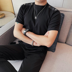 T2408-P48 小中领短袖T恤男士修身打底衫 肩扣子个性设计图片