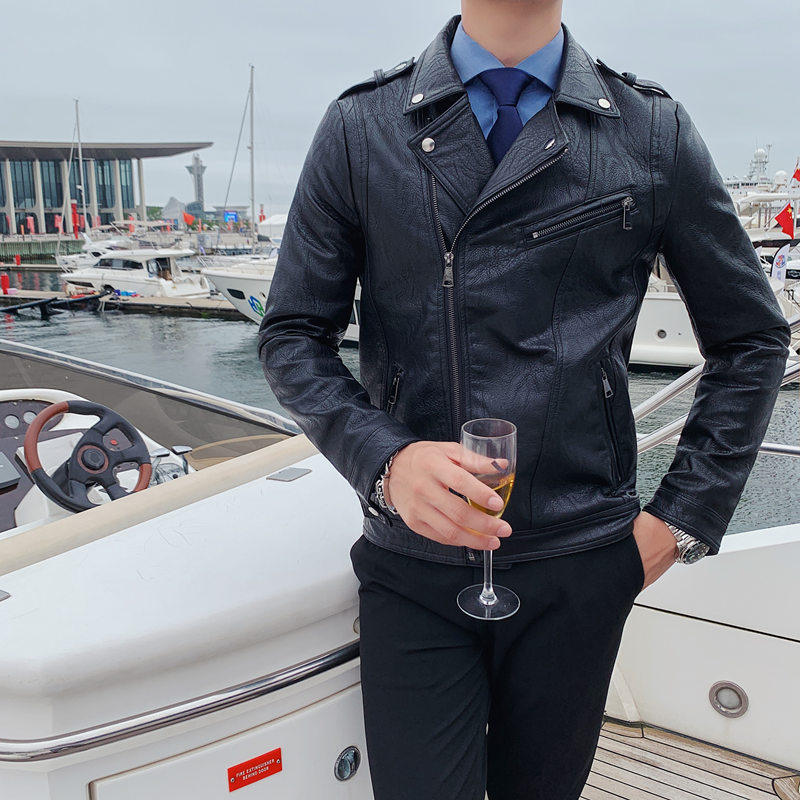 JK109-P130秋冬男士修身皮衣韩版型男斜拉链翻领皮夹克外套休闲黑，男装夹克，电商B333