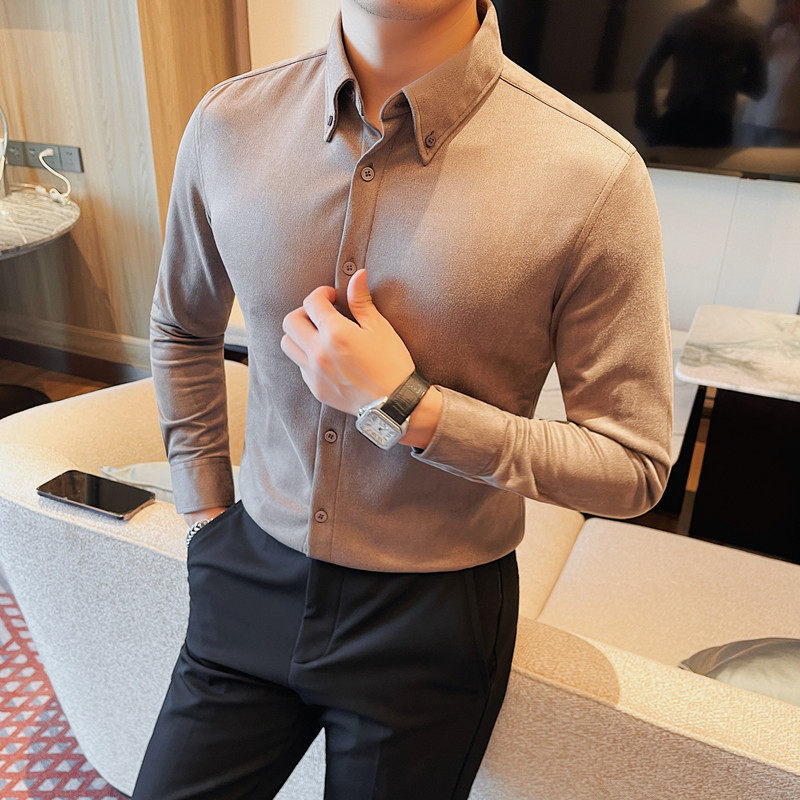 2222-P65麂皮绒厚款衬衫男士纯色百搭衬衣商务休闲长袖修身衬衫，男装衬衫，电商B333