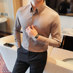 2222-P65 麂皮绒厚款衬衫男士纯色百搭衬衣 商务休闲长袖修身衬衫,男装衬衫,电商B333