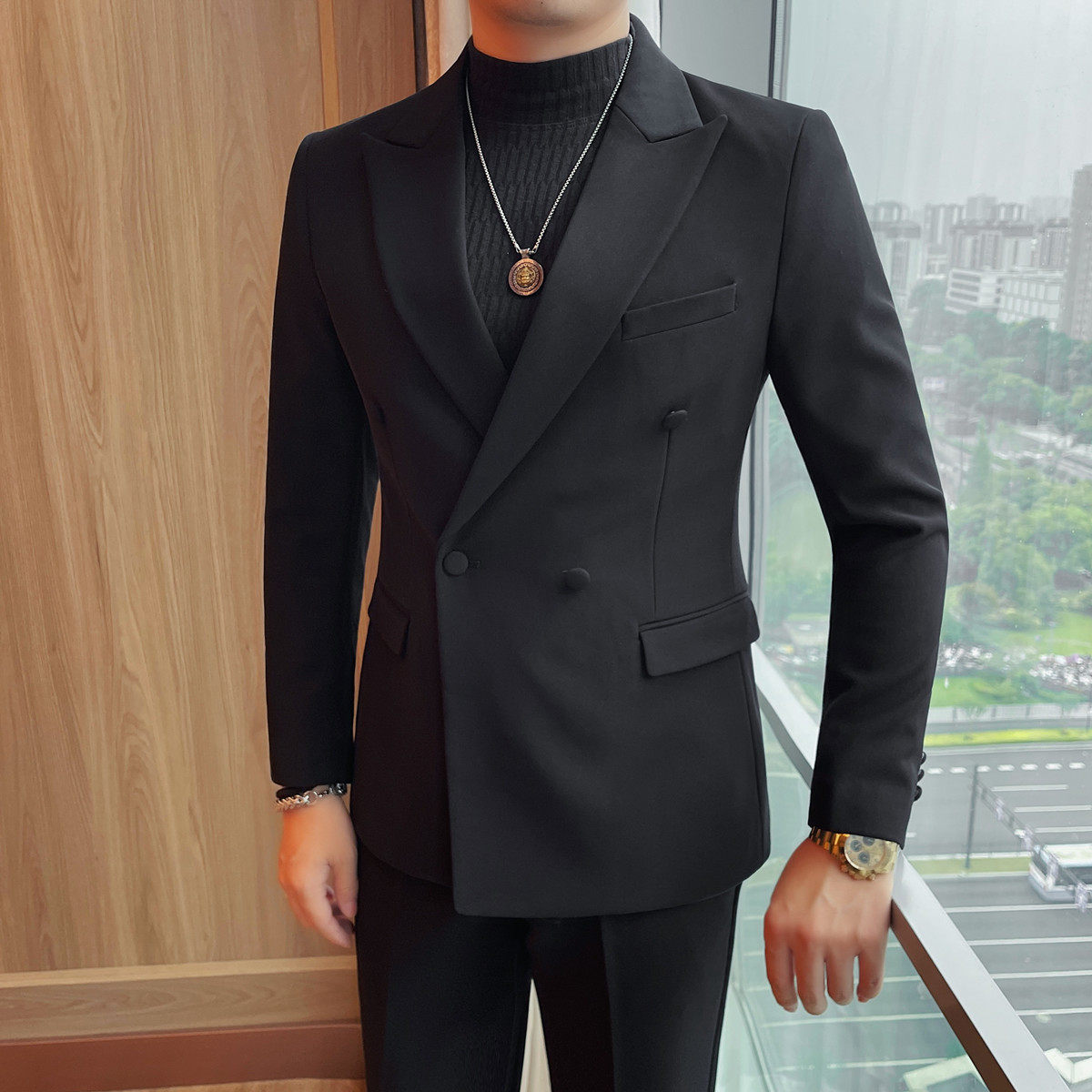 X23663-P165男士西服新款双排扣修身弹力西装外套,男装西服套装,电商B333