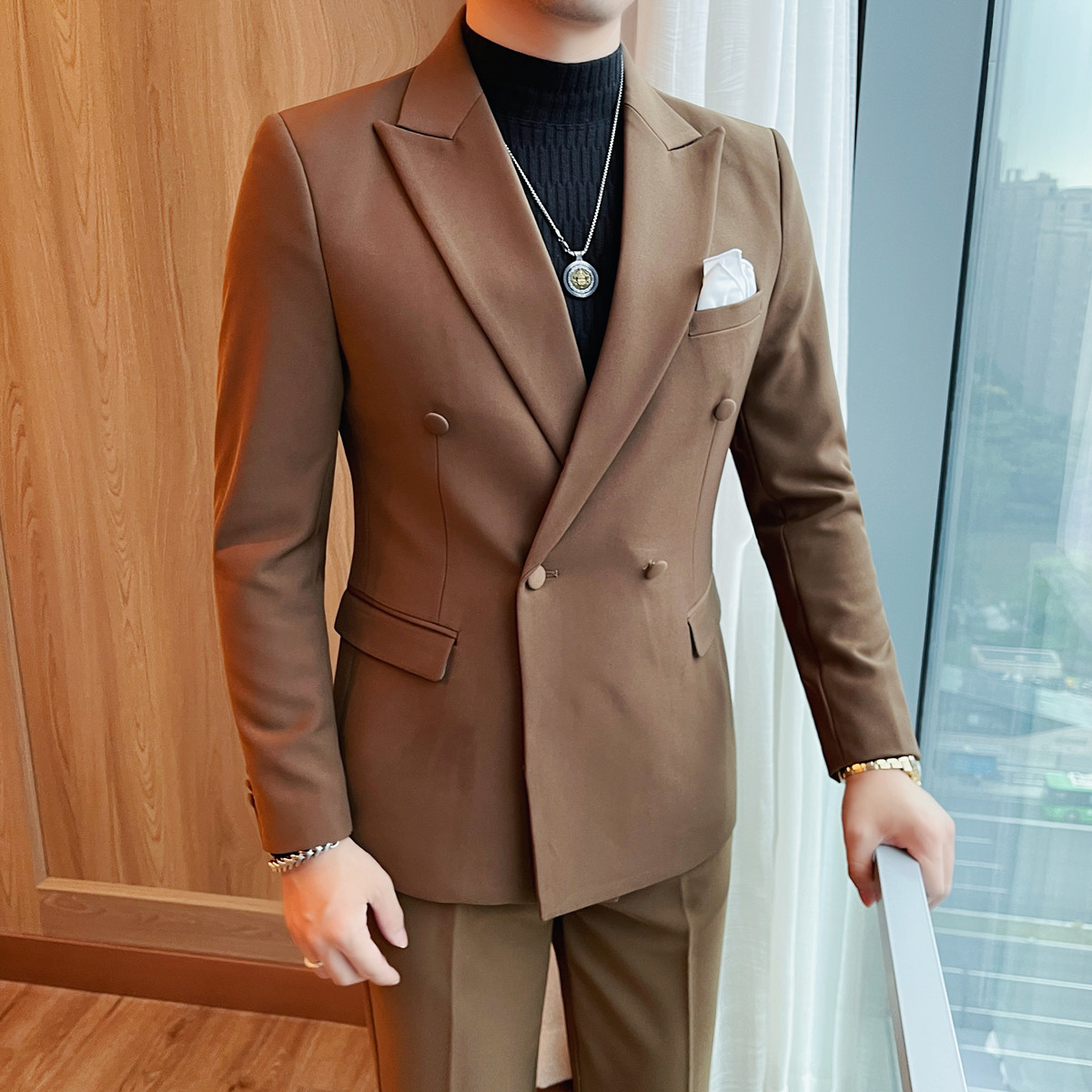 X23663-P165男士西服新款双排扣修身弹力西装外套,男装西服套装,电商B333
