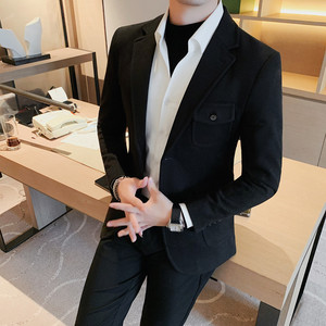 XF18-P160呢子西装外套男士冬季厚款纯色西服商务休闲百搭黑色