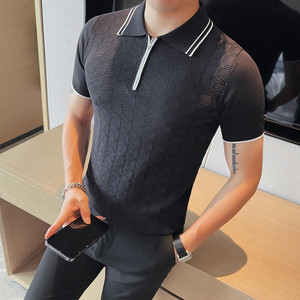 HL004-P58 短袖polo衫男士夏季格子拉链翻领针织冰丝修身t恤图片