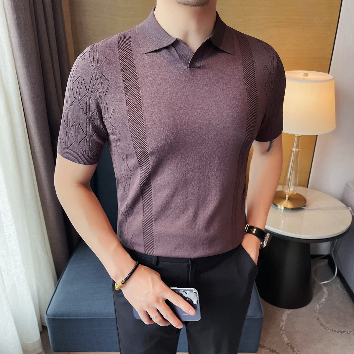 3750-P68男士短袖针织冰丝POLO衫春夏新款修身百搭纯色T恤,男装T恤,电商B333