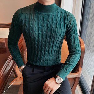 8513-P75半高领毛衣秋冬男士英伦修身扭花针织衫套头长袖提花打底图片