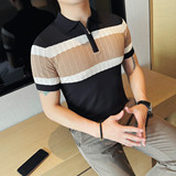 3767-P68翻领短袖针织体恤男士透气条纹中袖冰丝T恤打底衫，男装T恤，电商B333