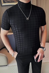 T2401-特P40 菱格短袖半高领T恤男士薄款打底衫 体恤衫图片