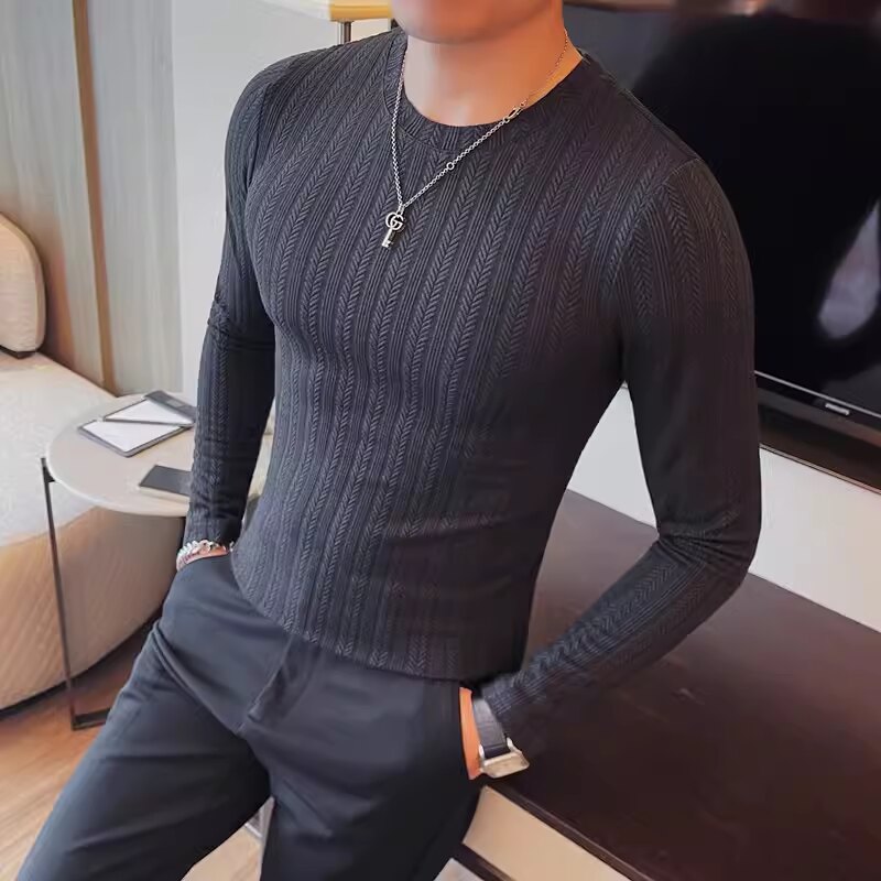 老款继续做T6805-特P35秋季男士长袖t恤潮流纯色圆领紧身体恤弹力,男装T恤,电商B333