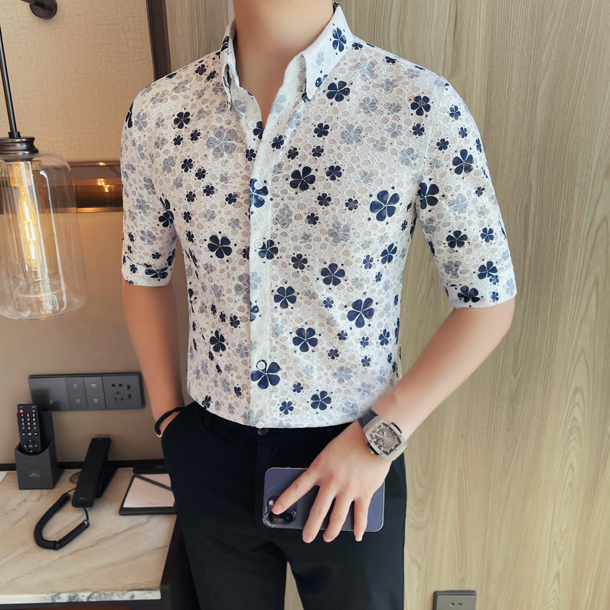 1252-P68男士短袖镂空衬衫夏季新款时尚百搭休闲翻领短袖衬衫，男装T恤，电商B333