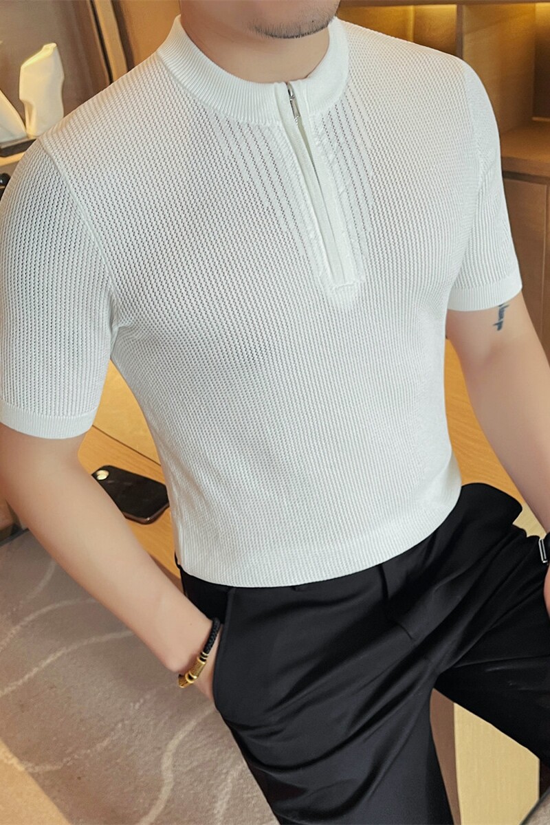 3763-P68镂空针织冰丝短袖体恤男士夏季拉链款POLO衫立领T恤,男装T恤,电商B333