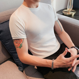 3382-P28韩版修身打底衫圆领纯色休闲短袖T恤男白色