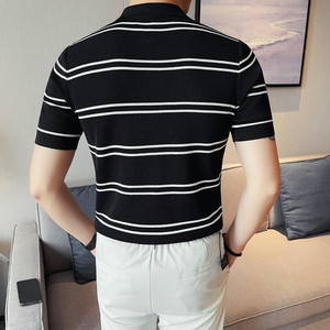 3756-P65 条纹针织冰丝短袖POLO衫男士夏季拉链款翻领体恤图片