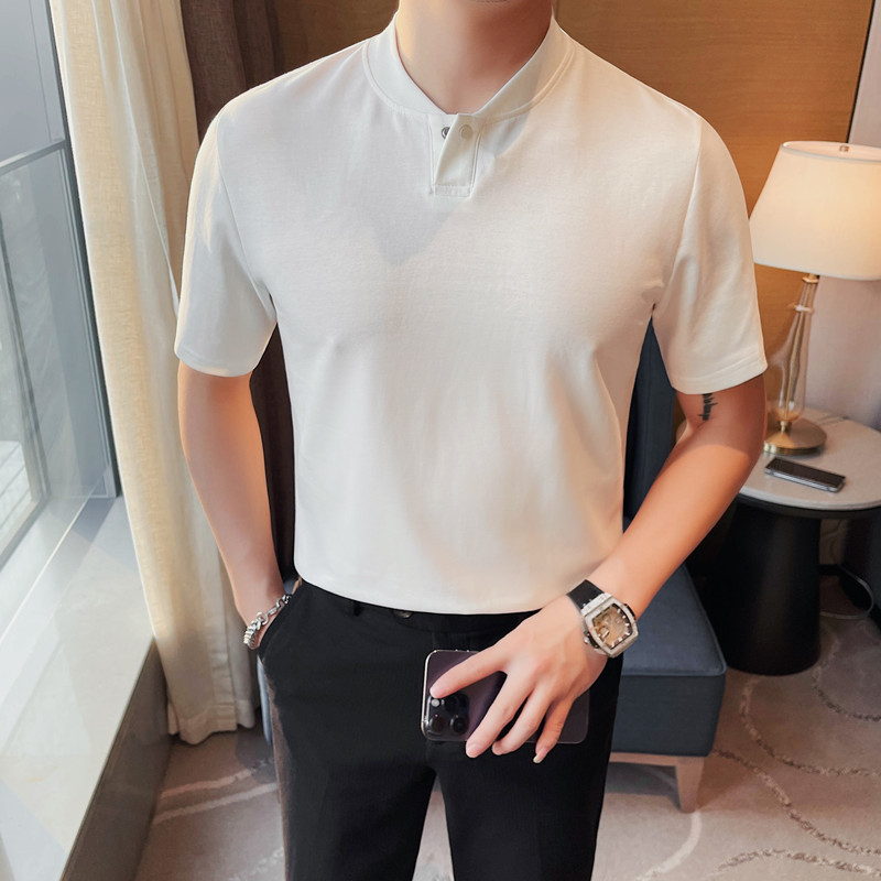 7866-P58一粒扣POLO衫无领短袖体恤纯色百搭休闲T恤,男装Polo衫,电商B333