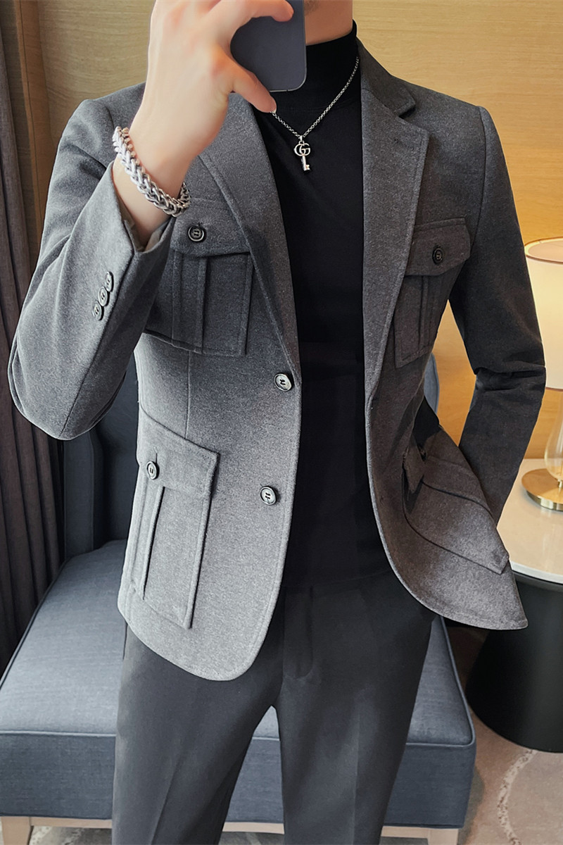 XF1041-P175呢子西装外套男士冬季厚西服单排扣多口袋西装,男装西服套装,电商B333