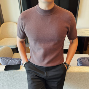 8546-P58 粗针厚款短袖毛衣男士小中领纯色百搭针织衫中袖图片