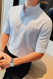 8778-P58男士中袖条纹衬衫秋季潮流休闲修身帅气五分袖衬衣，男装T恤，电商B333