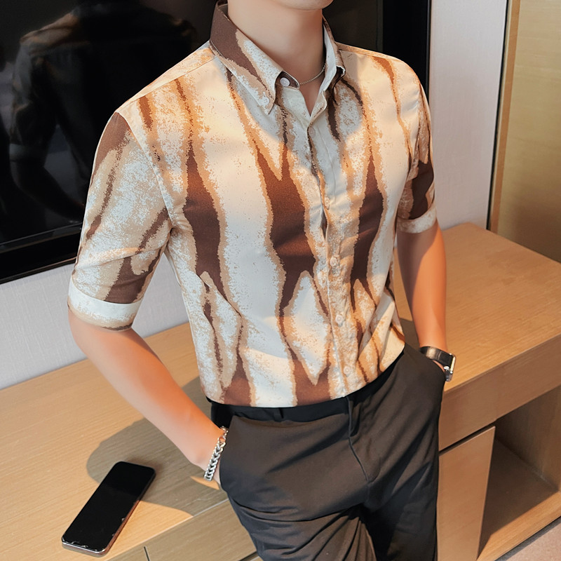 9779-P58男士中袖衬衫潮流休闲帅气五分袖夏季印花衬衣,男装T恤,电商B333