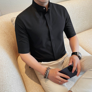 C7122-P58 79短袖衬衫男士纯色立领暗扣衬衣商务休闲百搭寸衫图片