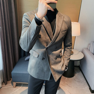 23519-P155 麂皮绒西装外套男士秋冬韩版修身纯色两粒双排扣西服图片