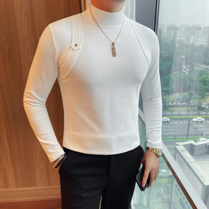 7908-P58 男士半高领长袖T恤新款修身弹力打底衫上衣双面绒图片