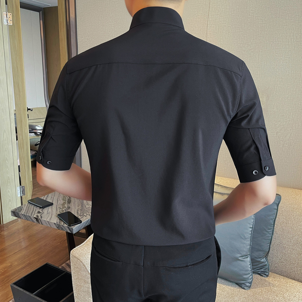 6515-P58男士短袖立领衬衣夏季新款时尚休闲圆领中袖衬衫五分袖,男装T恤,电商B333