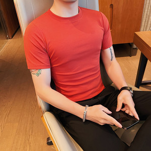 5885-特P40男士夏季短袖t恤纯色圆领紧身体恤潮流修身百搭T恤